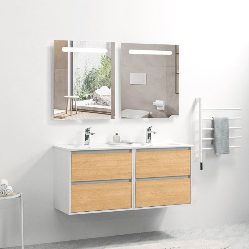 Ensemble meuble 120 blanc effet bois-Vasque céramique-Miroirs RIMA - Ensemble Meuble + Vasque + Miroir - Bain-bain