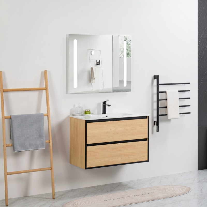 Ensemble meuble 80 bois détail noir-Vasque céramique-Miroir ELY - Ensemble Meuble + Vasque + Miroir - Bain-bain