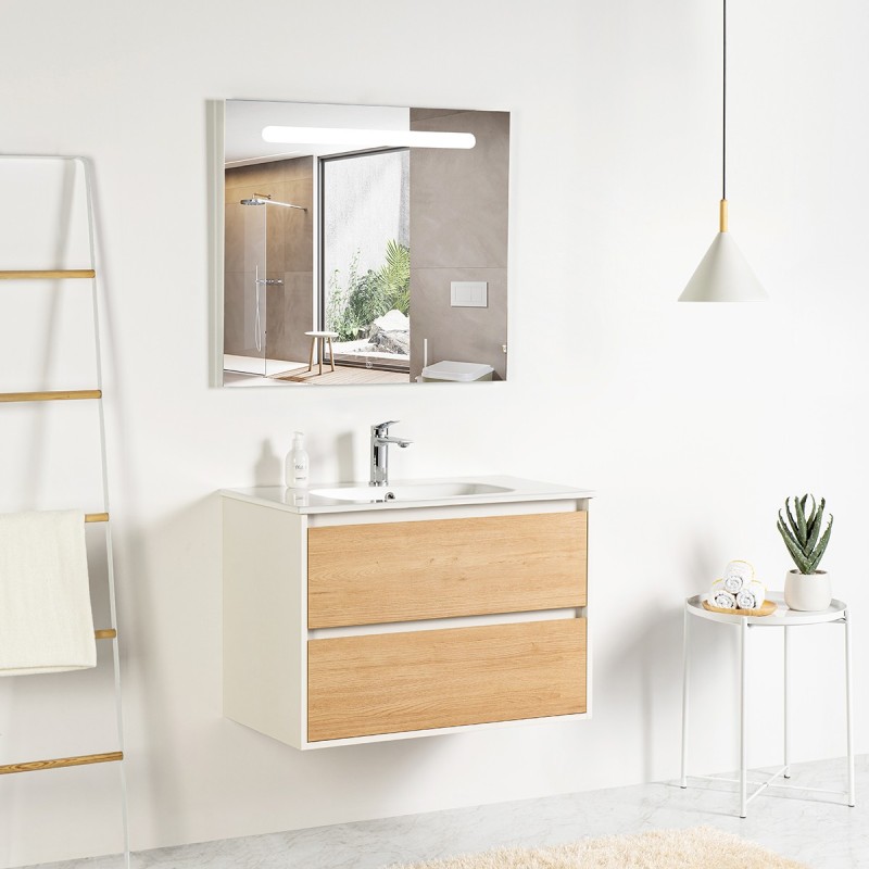 Ensemble meuble 80 blanc effet bois-Vasque céramique-Miroir RIMA - Ensemble Meuble + Vasque + Miroir - Bain-bain