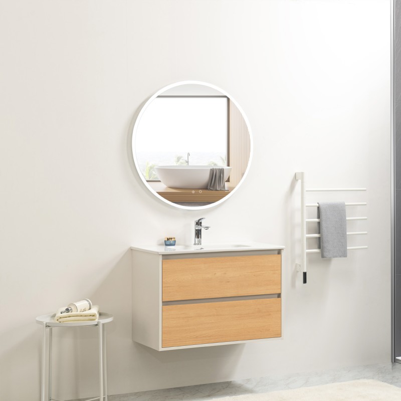 Pack meuble 80 blanc effet bois-Vasque céramique-Robinet chromé - Pack Meuble + Vasque + Robinet - Bain-bain