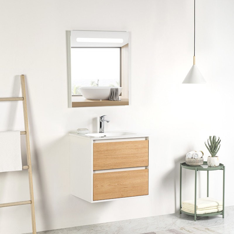 Ensemble meuble 60 blanc effet bois-Vasque céramique - Ensemble Meuble + Vasque - Bain-bain