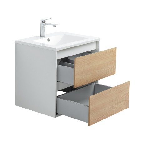 Pack meuble 60 blanc effet bois-Vasque résine-Robinet chromé - Pack Meuble + Vasque + Robinet - Bain-bain