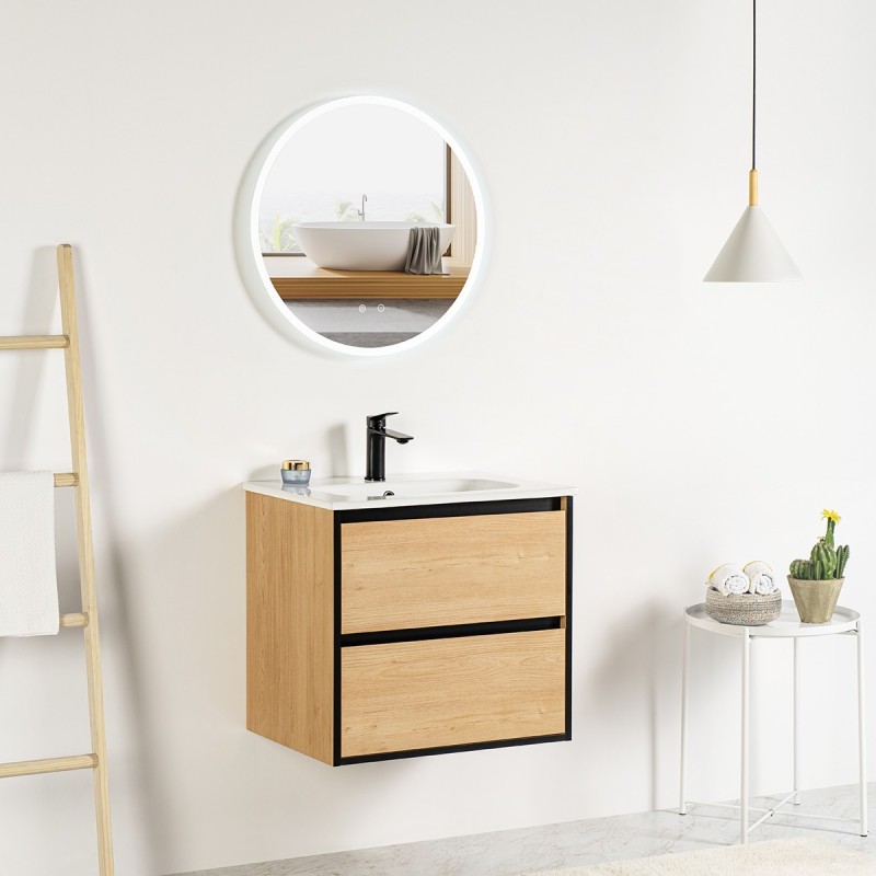 Pack meuble 60 bois detail noir-Vasque céramique-Robinet noir - Pack Meuble + Vasque + Robinet - Bain-bain