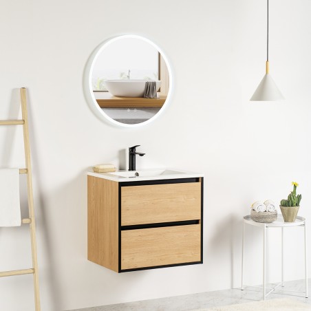 Pack meuble 60 bois détail noir-Vasque résine-Robinet noir - Pack Meuble + Vasque + Robinet - Bain-bain