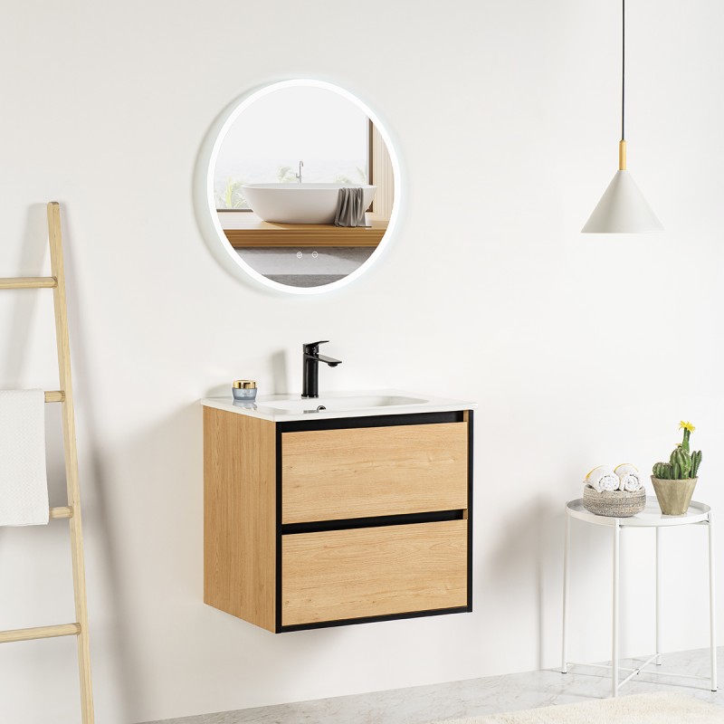 Pack meuble 60 bois détail noir-Vasque résine-Robinet noir-Miroir JOY - Pack Meuble + Vasque + Robinet + Miroir - Bain-bain