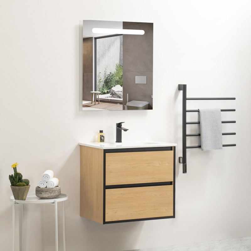 Ensemble meuble 60 bois détail noir-Vasque céramique-Miroir RIMA - Ensemble Meuble + Vasque + Miroir - Bain-bain