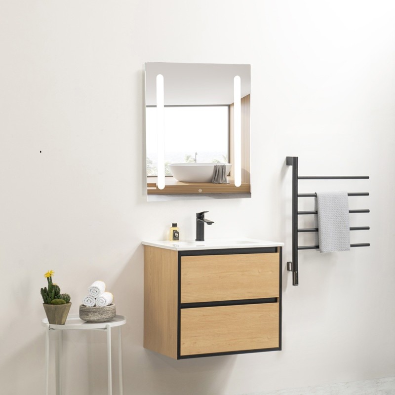 Pack meuble 60 bois détail noir-Vasque céramique-Robinet noir-Miroir ELY - Pack Meuble + Vasque + Robinet + Miroir - Bain-bain