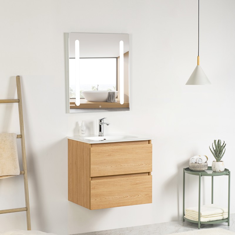 Pack meuble 60 bois-Vasque résine-Robinet chromé-Miroir ELY - Pack Meuble + Vasque + Robinet + Miroir - Bain-bain