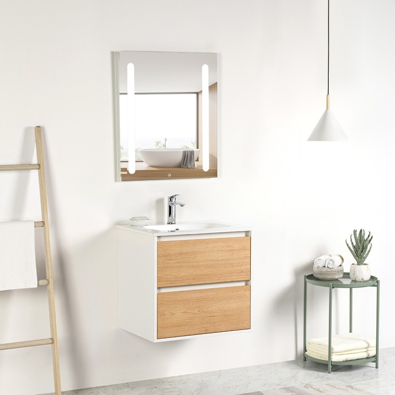 Pack meuble 60 blanc effet bois-Vasque céramique-Robinet chromé-Miroir ELY - Pack Meuble + Vasque + Robinet + Miroir - Bain-bain