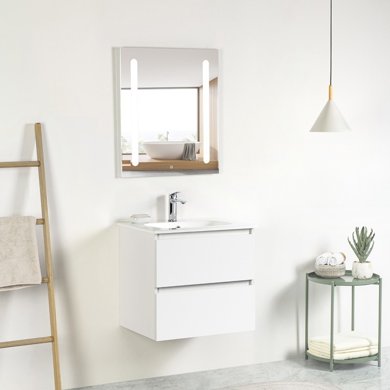 Pack meuble 60 blanc-Vasque céramique-Robinet chromé-Miroir ELY - Pack Meuble + Vasque + Robinet + Miroir - Bain-bain