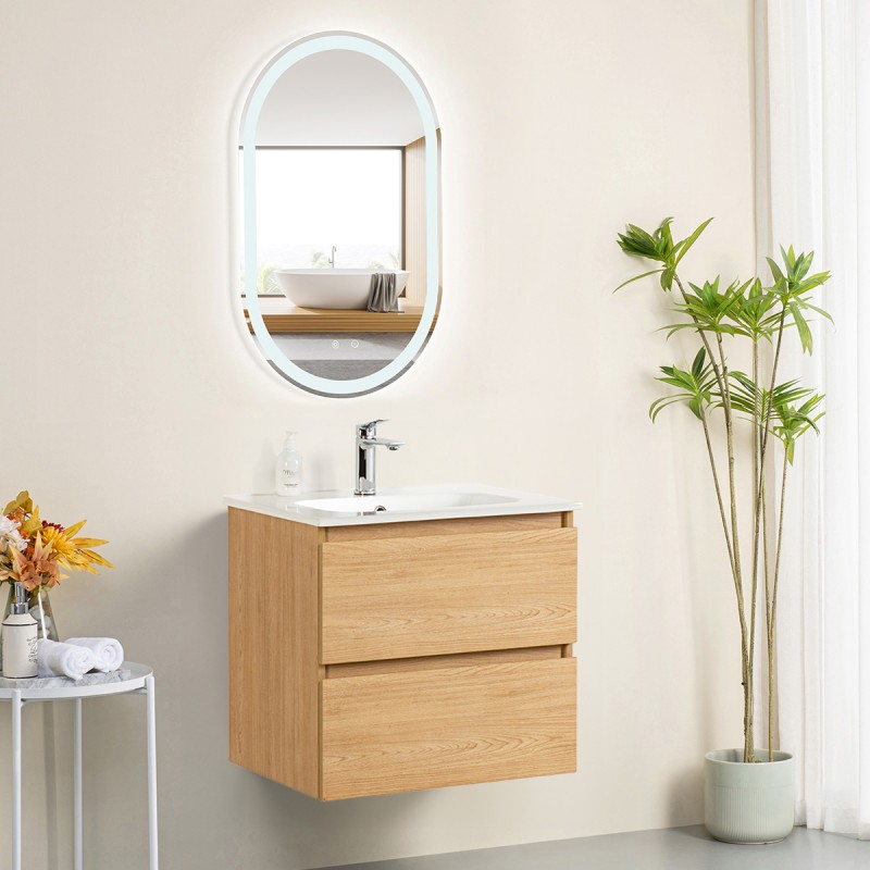 Ensemble meuble 60 bois-Vasque céramique-Miroir POLY - Ensemble Meuble + Vasque + Miroir - Bain-bain