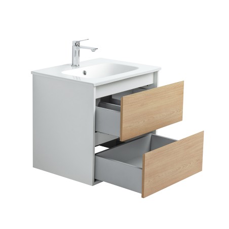 Ensemble meuble 60 blanc effet bois-Vasque résine-Miroir POLY - Ensemble Meuble + Vasque + Miroir - Bain-bain