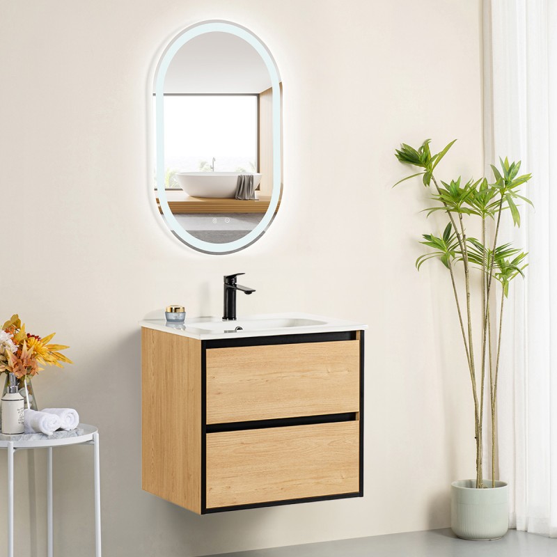 Ensemble meuble 60 bois détail noir-Vasque céramique-Miroir POLY - Ensemble Meuble + Vasque + Miroir - Bain-bain