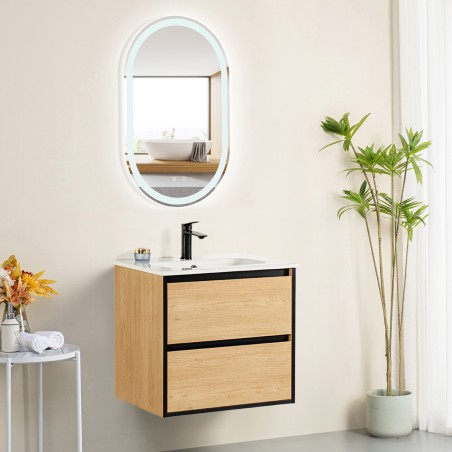 Ensemble meuble 60 bois détail noir-Vasque céramique-Miroir POLY - Ensemble Meuble + Vasque + Miroir - Bain-bain