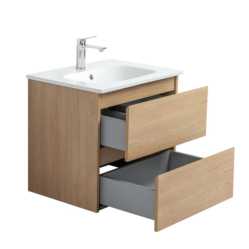 Pack meuble 60 bois-Vasque résine-Robinet chromé-Miroir POLY - Pack Meuble + Vasque + Robinet + Miroir - Bain-bain