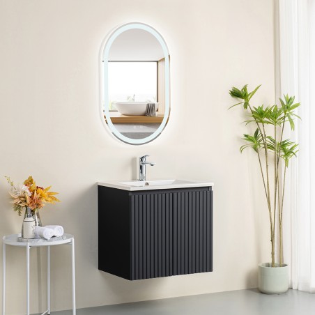Ensemble meuble strié 60 gris 2 portes-Vasque céramique - Ensemble Meuble + Vasque - Bain-bain
