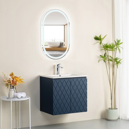 Ensemble meuble motif losange 60 bleu 2 portes-Vasque céramique - Ensemble Meuble + Vasque - Bain-bain