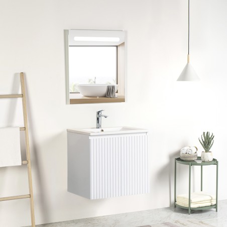 Pack meuble strié 60 blanc 2 portes-Vasque céramique -Robinet chromé - Pack Meuble + Vasque + Robinet - Bain-bain