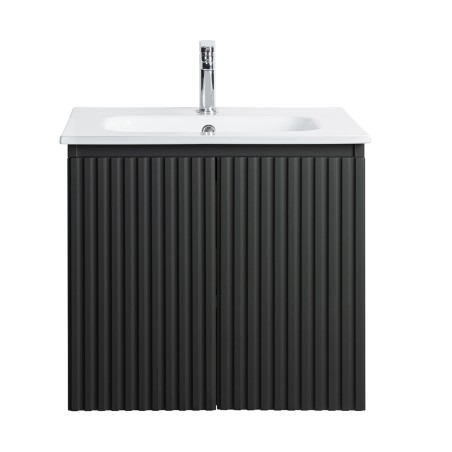 Pack meuble strié 60 gris 2 portes-Vasque céramique -Robinet chromé - Pack Meuble + Vasque + Robinet - Bain-bain