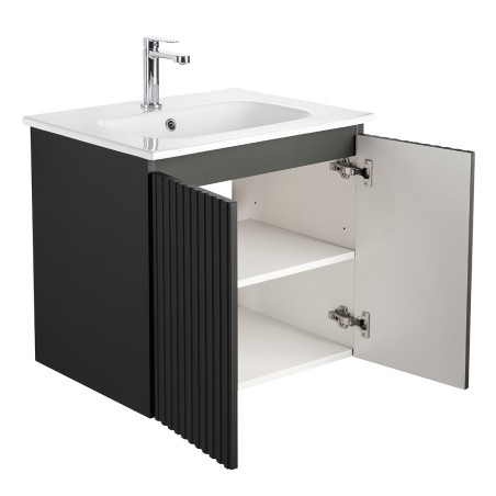 Pack meuble strié 60 gris 2 portes-Vasque résine-Robinet chromé - Pack Meuble + Vasque + Robinet - Bain-bain