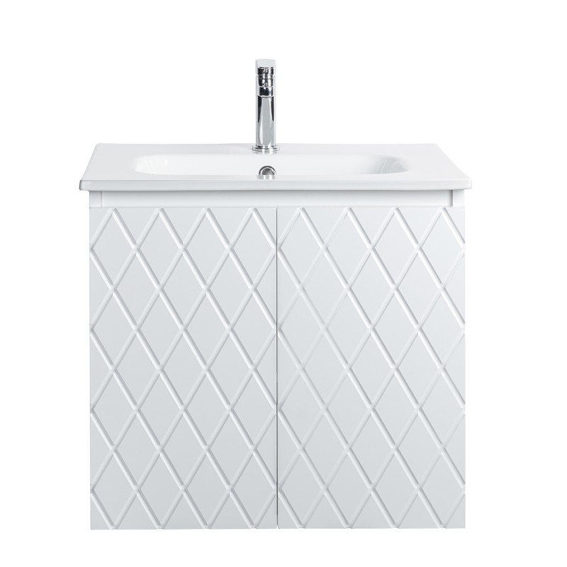 Pack meuble motif losange 60 blanc 2 portes-Vasque céramique -Robinet chromé - Pack Meuble + Vasque + Robinet - Bain-bain