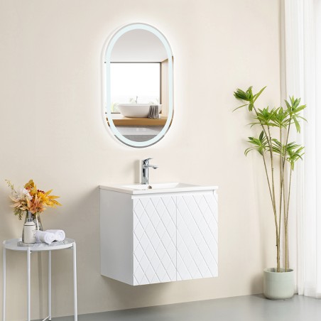 Pack meuble motif losange 60 blanc 2 portes-Vasque résine-Robinet chromé - Pack Meuble + Vasque + Robinet - Bain-bain
