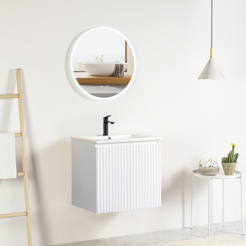 Ensemble meuble strié 60 blanc 2 portes-Vasque céramique-Miroir JOY - Ensemble Meuble + Vasque + Miroir - Bain-bain