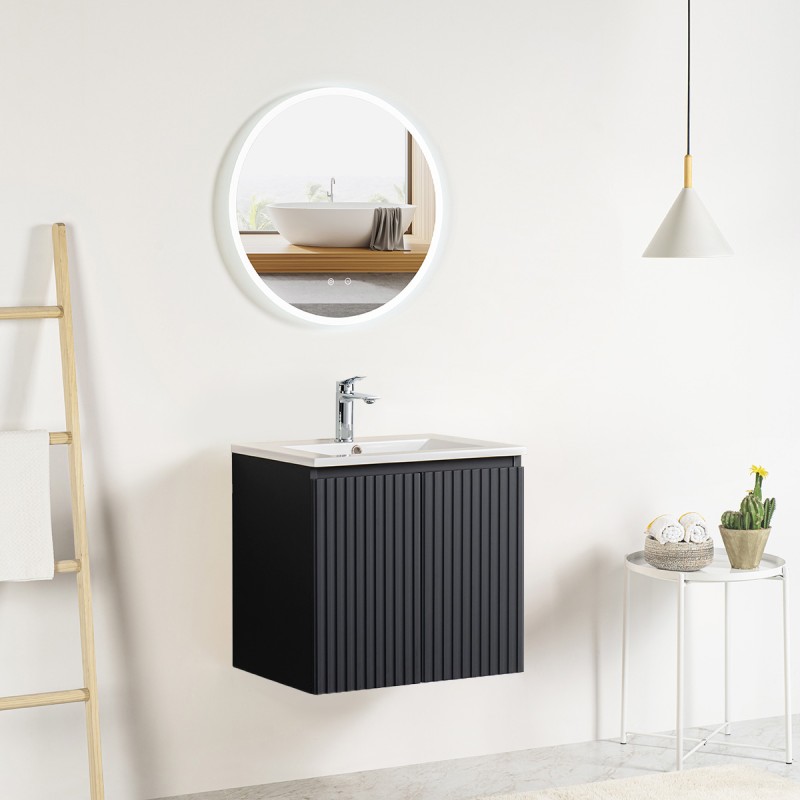 Ensemble meuble strié 60 gris 2 portes-Vasque céramique-Miroir JOY - Ensemble Meuble + Vasque + Miroir - Bain-bain