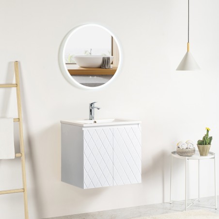 Ensemble meuble motif losange 60 blanc 2 portes-Vasque céramique-Miroir JOY - Ensemble Meuble + Vasque + Miroir - Bain-bain