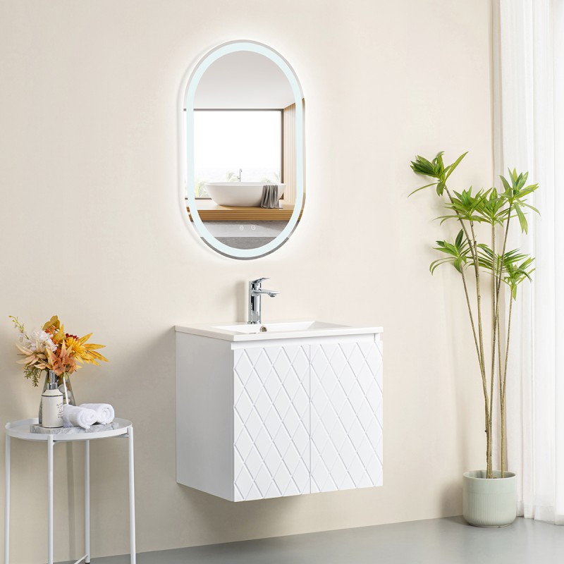 Ensemble meuble motif losange 60 blanc 2 portes-Vasque résine-Miroir POLY - Ensemble Meuble + Vasque + Miroir - Bain-bain