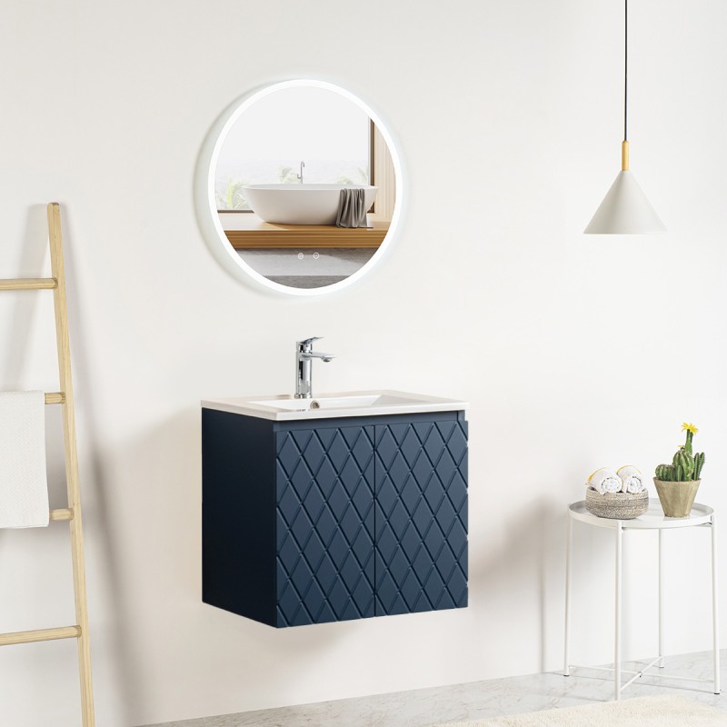 Ensemble meuble motif losange 60 bleu 2 portes-Vasque céramique-Miroir JOY - Ensemble Meuble + Vasque + Miroir - Bain-bain