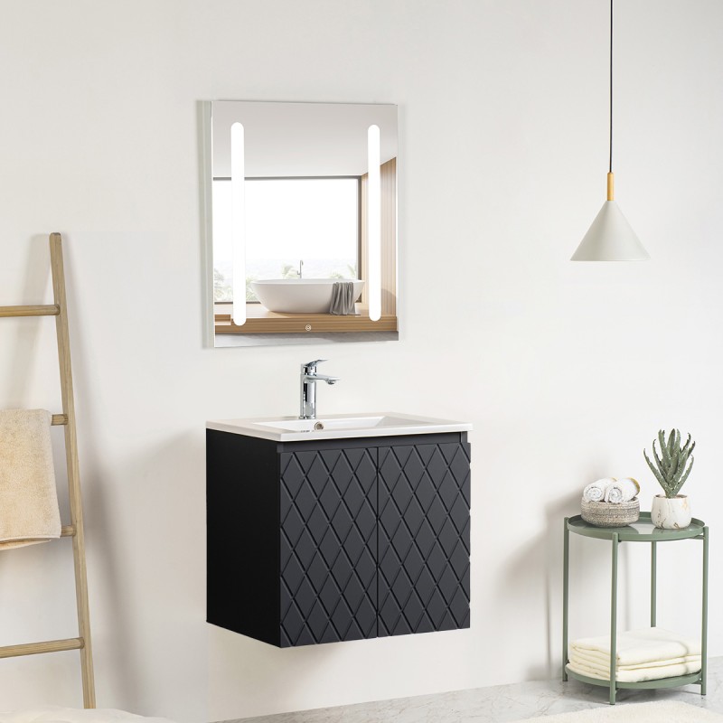 Ensemble meuble motif losange 60 gris 2 portes-Vasque céramique-Miroir ELY - Ensemble Meuble + Vasque + Miroir - Bain-bain