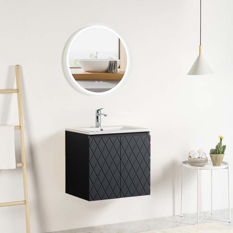 Ensemble meuble motif losange 60 gris 2 portes-Vasque céramique-Miroir JOY - Ensemble Meuble + Vasque + Miroir - Bain-bain