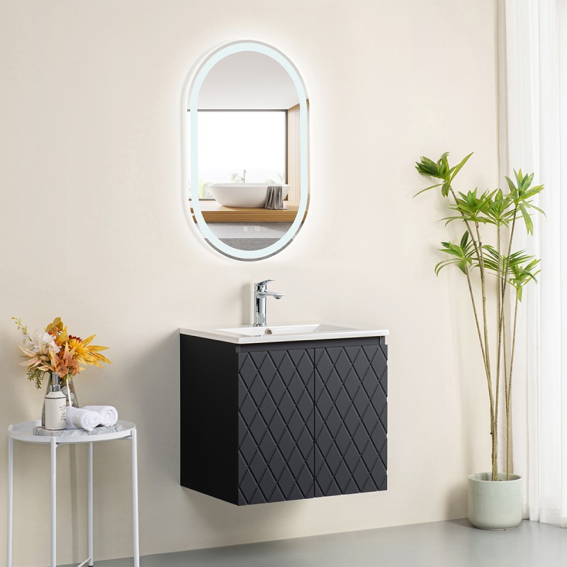 Ensemble meuble motif losange 60 gris 2 portes-Vasque résine-Miroir POLY - Ensemble Meuble + Vasque + Miroir - Bain-bain