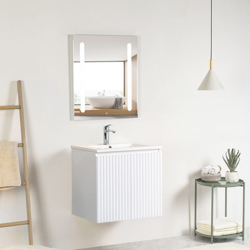 Pack meuble strié 60 blanc 2 portes-Vasque céramique\n -Robinet chromé-Miroir ELY - Pack Meuble + Vasque + Robinet + Miroir -...