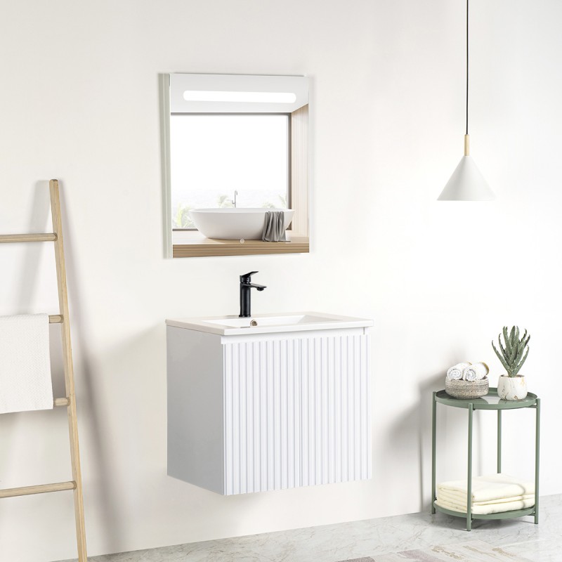 Pack meuble strié 60 blanc 2 portes-Vasque céramique\n -Robinet noir-Miroir RIMA - Pack Meuble + Vasque + Robinet + Miroir - ...