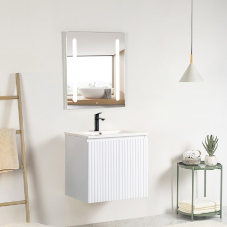 Pack meuble strié 60 blanc 2 portes-Vasque résine-Robinet noir-Miroir ELY - Pack Meuble + Vasque + Robinet + Miroir - Bain-bain