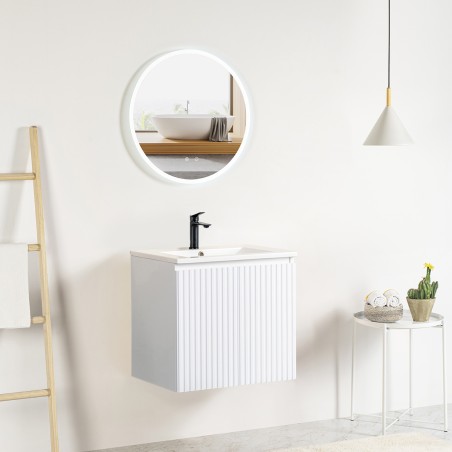 Pack meuble strié 60 blanc 2 portes-Vasque résine-Robinet noir-Miroir JOY - Pack Meuble + Vasque + Robinet + Miroir - Bain-bain