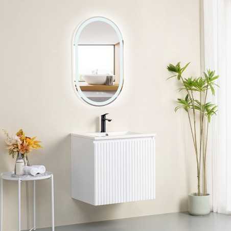 Pack meuble strié 60 blanc 2 portes-Vasque résine-Robinet noir-Miroir POLY - Pack Meuble + Vasque + Robinet + Miroir - Bain-bain