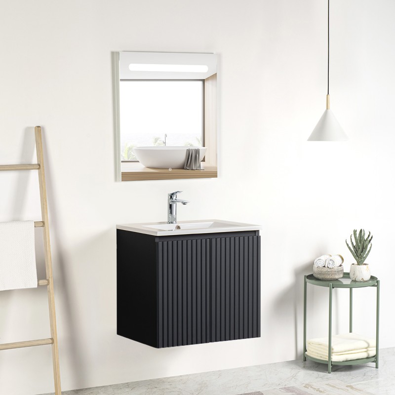 Pack meuble strié 60 gris 2 portes-Vasque céramique\n -Robinet chromé-Miroir RIMA - Pack Meuble + Vasque + Robinet + Miroir -...