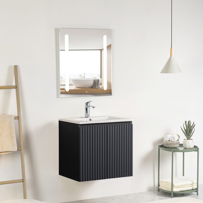 Pack meuble strié 60 gris 2 portes-Vasque céramique\n -Robinet chromé-Miroir ELY - Pack Meuble + Vasque + Robinet + Miroir - ...