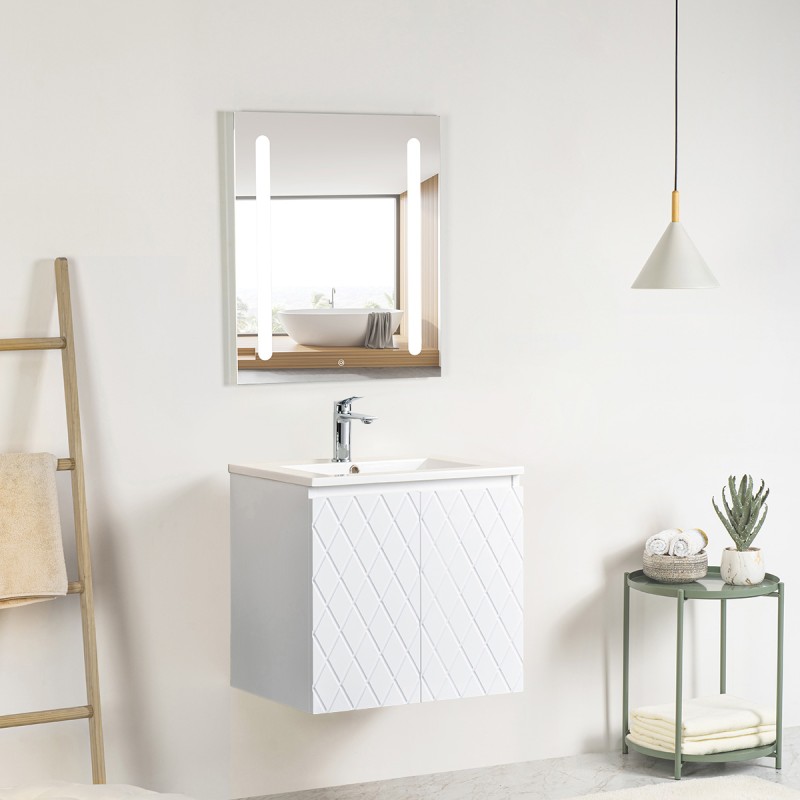 Pack meuble motif losange 60 blanc 2 portes-Vasque céramique\n -Robinet chromé-Miroir ELY - Pack Meuble + Vasque + Robinet + ...