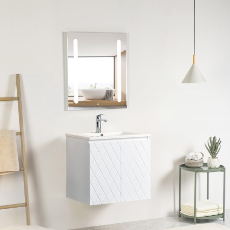 Pack meuble motif losange 60 blanc 2 portes-Vasque céramique\n -Robinet chromé-Miroir ELY - Pack Meuble + Vasque + Robinet + ...
