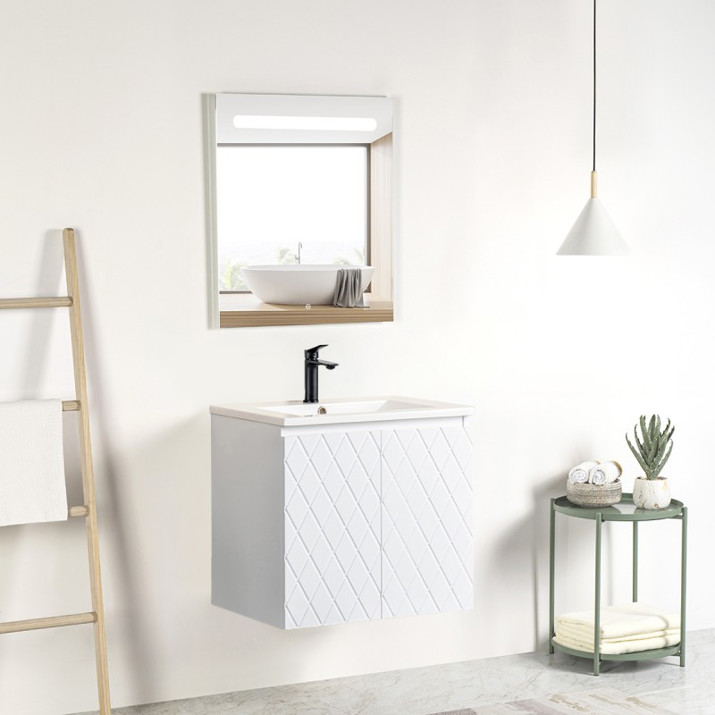 Pack meuble motif losange 60 blanc 2 portes-Vasque céramique\n -Robinet noir-Miroir RIMA - Pack Meuble + Vasque + Robinet + M...