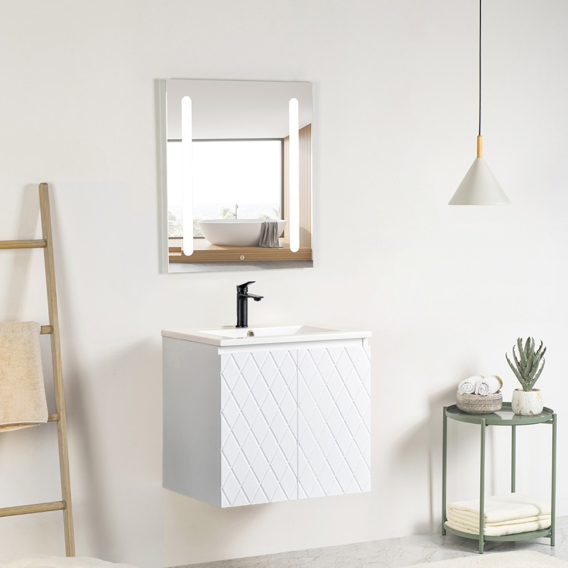 Pack meuble motif losange 60 blanc 2 portes-Vasque céramique\n -Robinet noir-Miroir ELY - Pack Meuble + Vasque + Robinet + Mi...