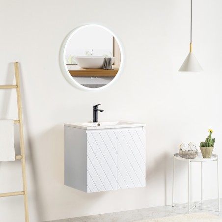 Pack meuble motif losange 60 blanc 2 portes-Vasque résine-Robinet noir-Miroir JOY - Pack Meuble + Vasque + Robinet + Miroir -...