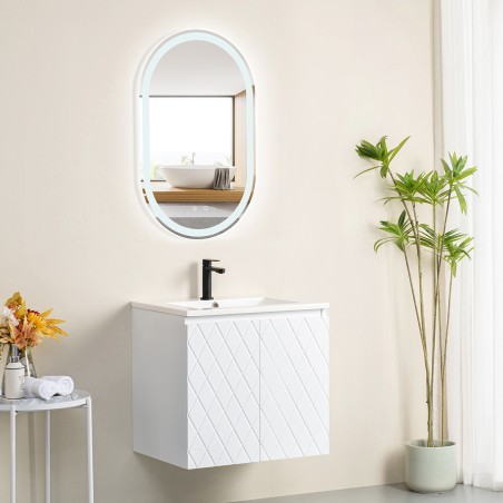 Pack meuble motif losange 60 blanc 2 portes-Vasque résine-Robinet noir-Miroir POLY - Pack Meuble + Vasque + Robinet + Miroir ...