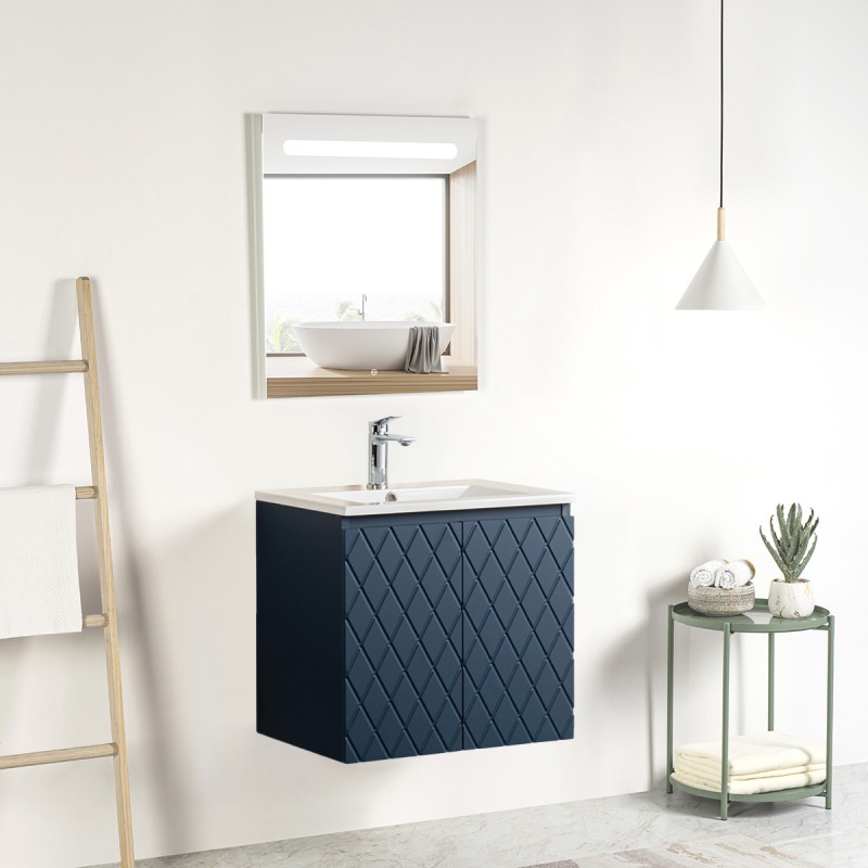 Pack meuble motif losange 60 bleu 2 portes-Vasque céramique\n -Robinet chromé-Miroir RIMA - Pack Meuble + Vasque + Robinet + ...