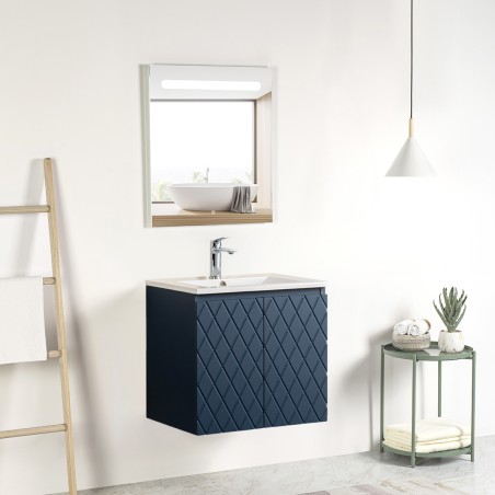 Pack meuble motif losange 60 bleu 2 portes-Vasque céramique\n -Robinet chromé-Miroir RIMA - Pack Meuble + Vasque + Robinet + ...