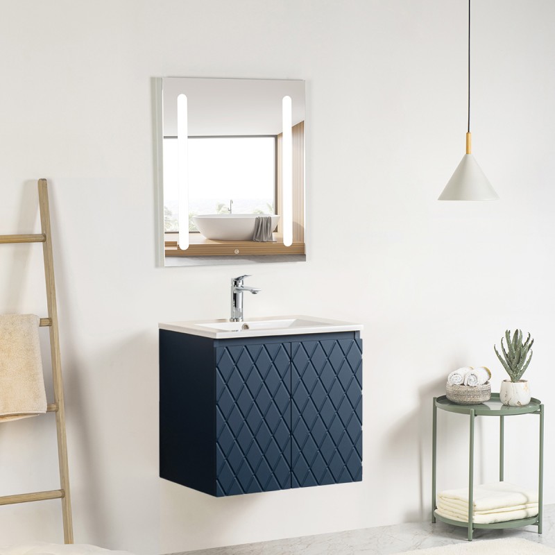 Pack meuble motif losange 60 bleu 2 portes-Vasque céramique\n -Robinet chromé-Miroir ELY - Pack Meuble + Vasque + Robinet + M... Pack meuble motif losange 60 bleu 2 portes-Vasque céramique\n -Robinet chromé-Miroir ELY - Pack Meuble + Vasque + Robinet + M...